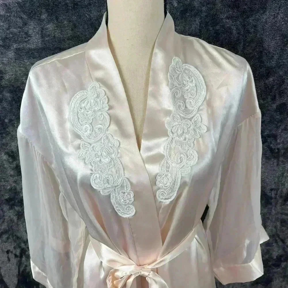 Vtg Alexandra Nicole Bridal Robe Light Pink Belted Embroidered Sz M Long Pockets - Picture 2 of 14